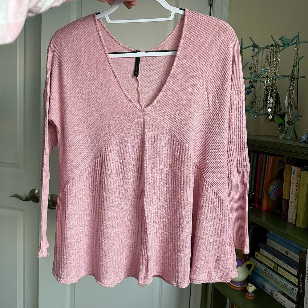 Flowy Tunic Dolman V-Neck Waffle Tee Pink Size Small